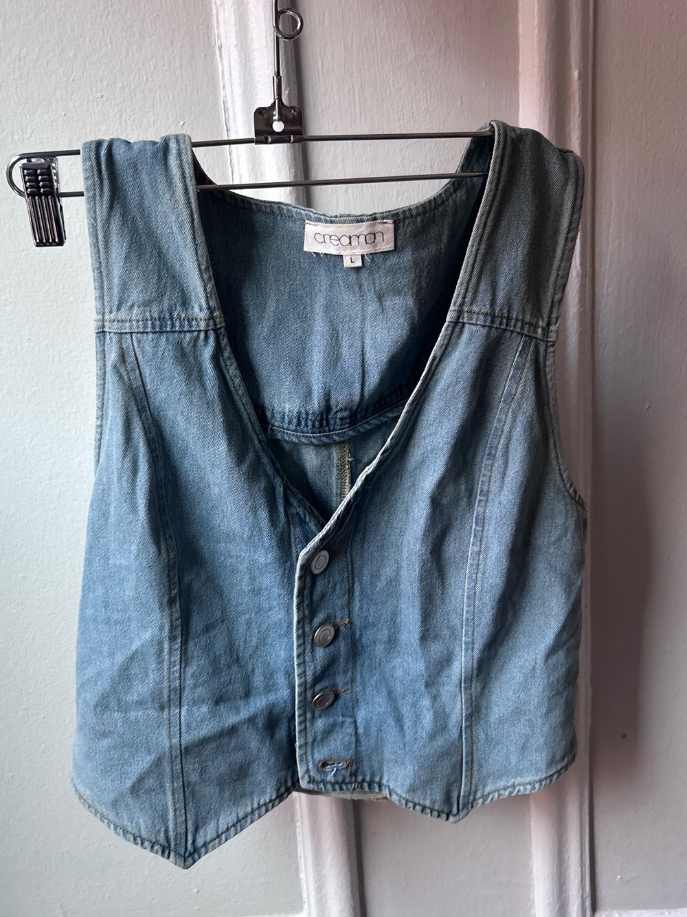 Light Wash Denim Button Vest w/ Back Belt Detail